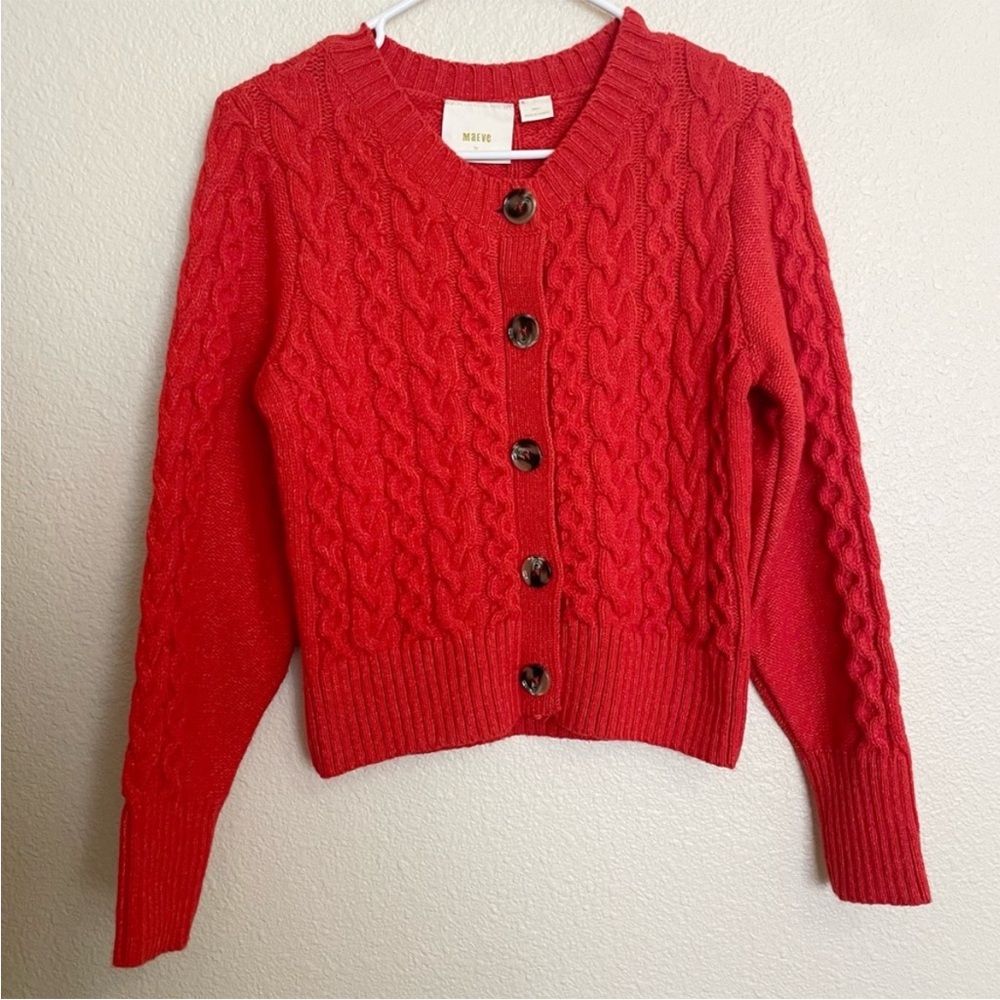 Anthropologie Maeve Red-Orange Cable Knit Chunky Crop Cardigan